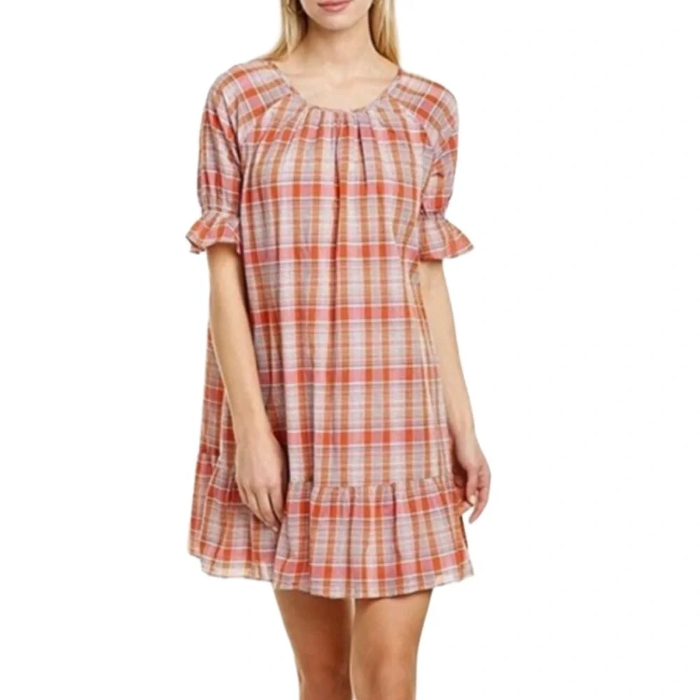 Madewell Plaid Ruffle Sleeve Cotton Blend Popover Mini Dress Size medium